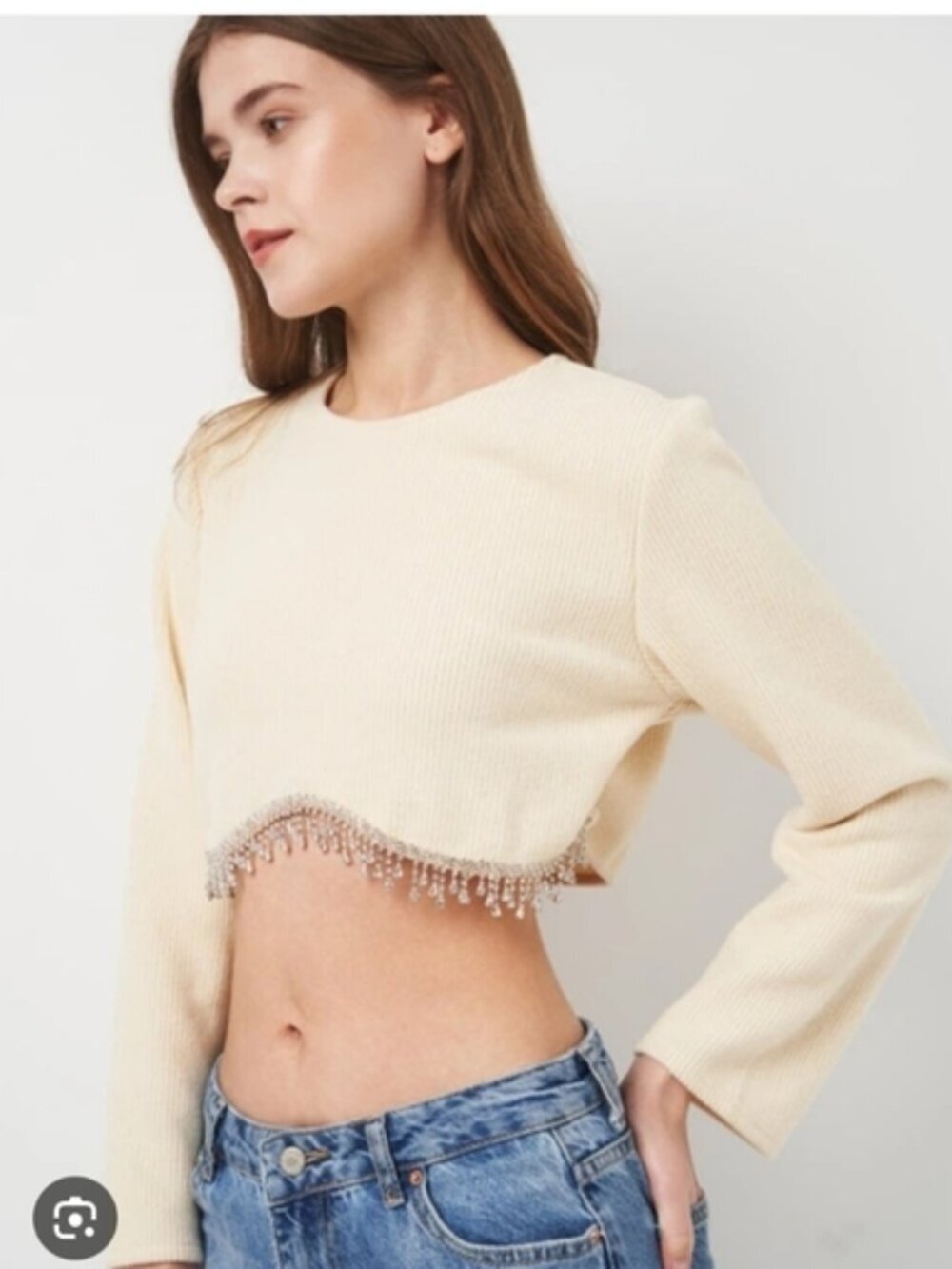 ZARA | Embellished Sweater Cropped Cream Rhinestones Sz M